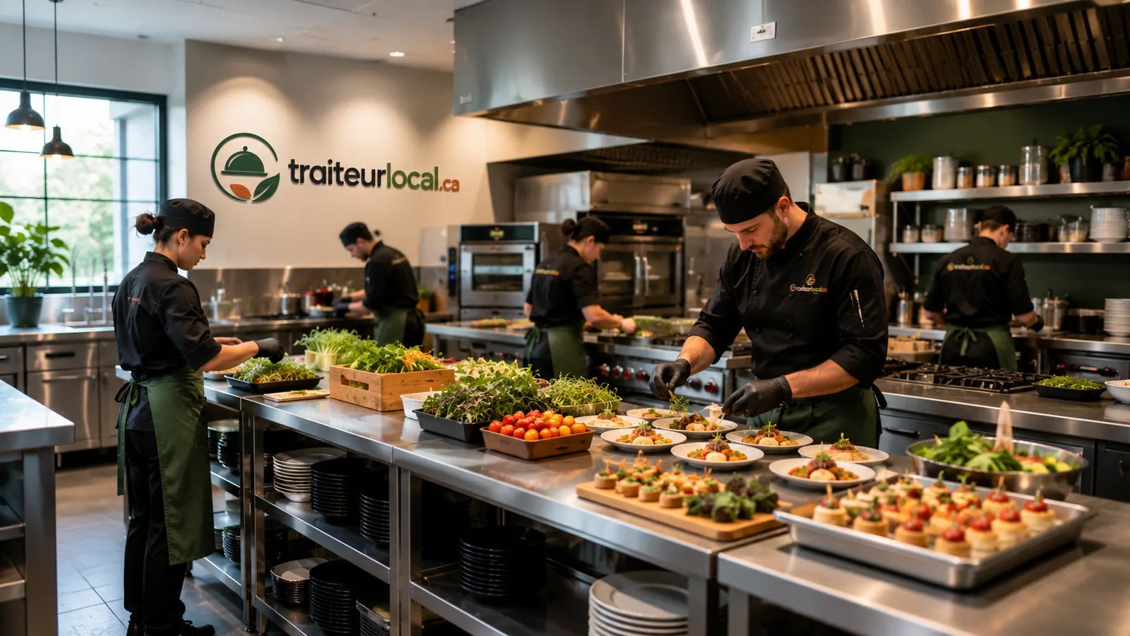 Chef et brigade dressant des bouchées en cuisine